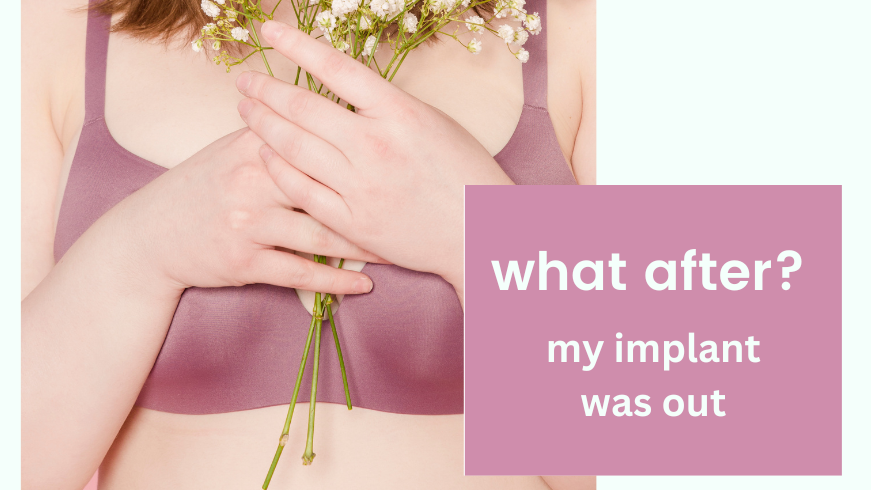 plump woman upper body in dark pink bra with white small flowers cross her hands on chest. on picture there is text: "what after?my implant was out"