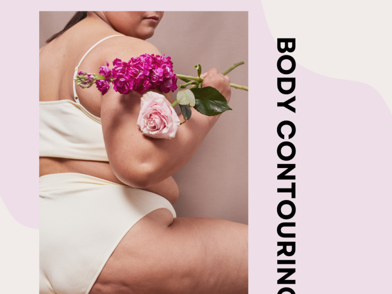 plump woman in withe inner wear sit 45 degree turned back and holding pink flowers